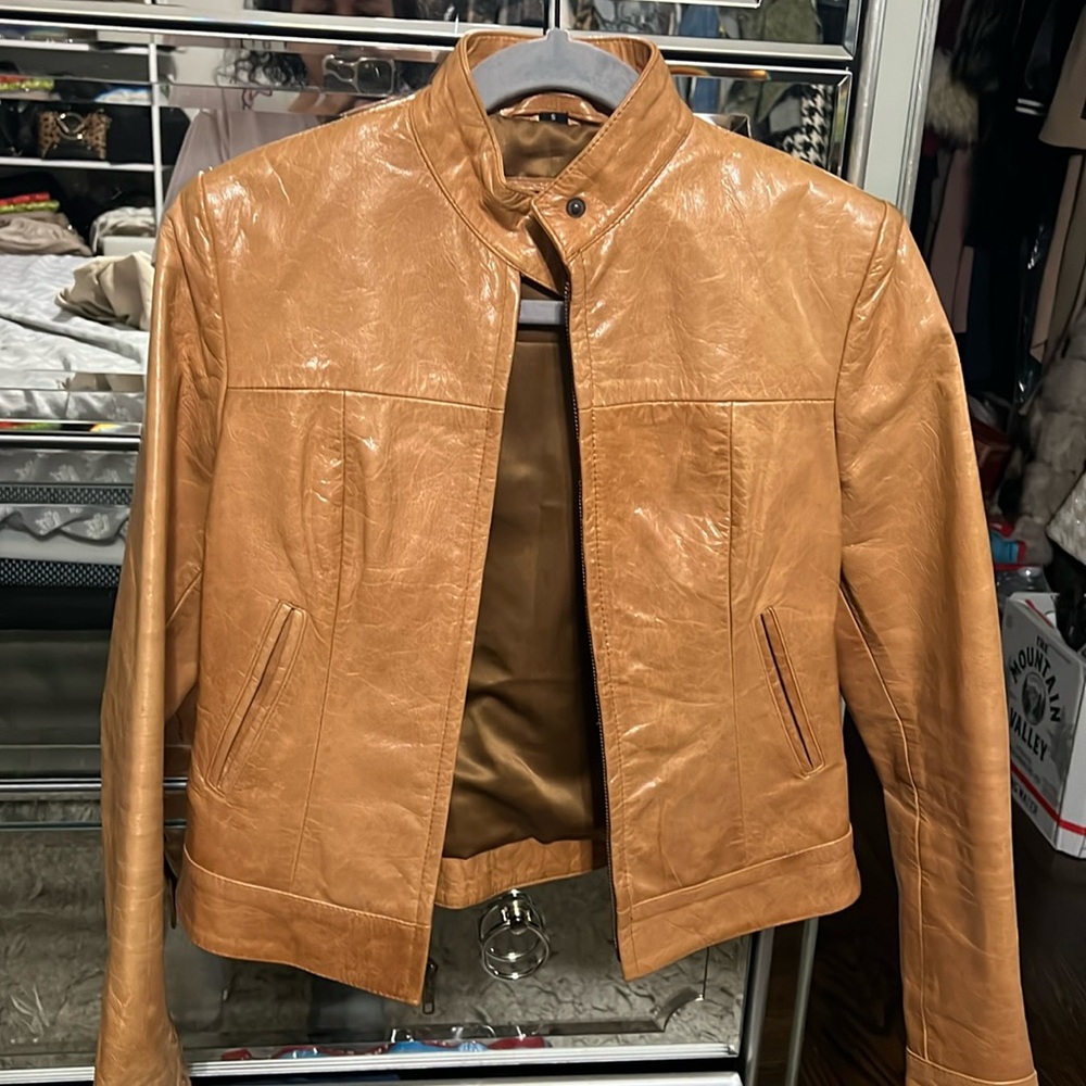 American Base Cognac Fitted Moto Leather Jacket